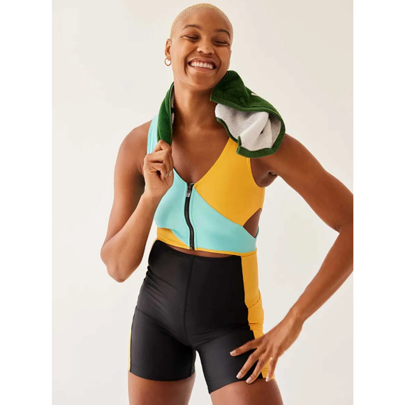 OUTDOOR VOICES SplashKnit 6" Bodysuit Small Colorblock Black Teal Yellow NWT - Picture 1 of 8